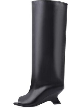 Women's Black Pu Faux Leather Open Toe Knee High Slouchy Pull On Peep Boots
